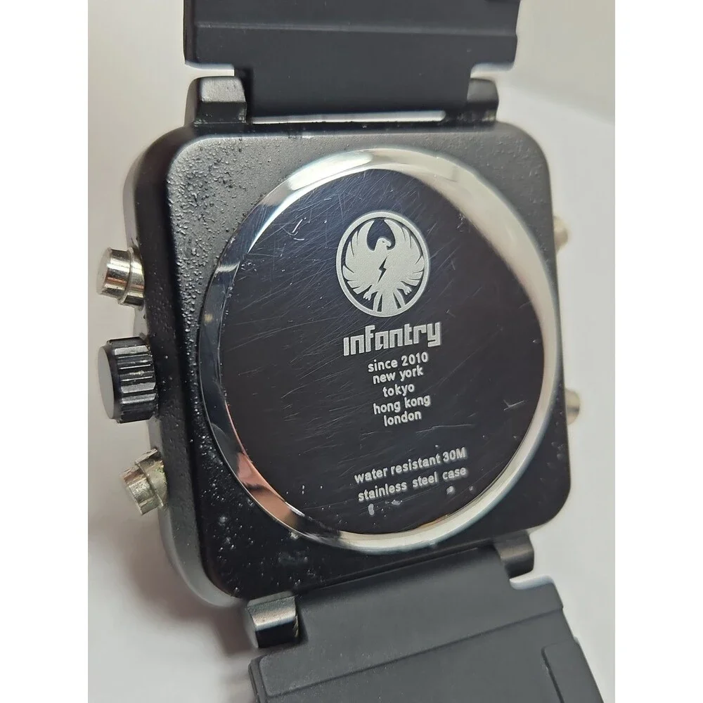 Infantry Night Stealth Ana Digi Square 46mm Mens Watch Black  Alarm New Battery